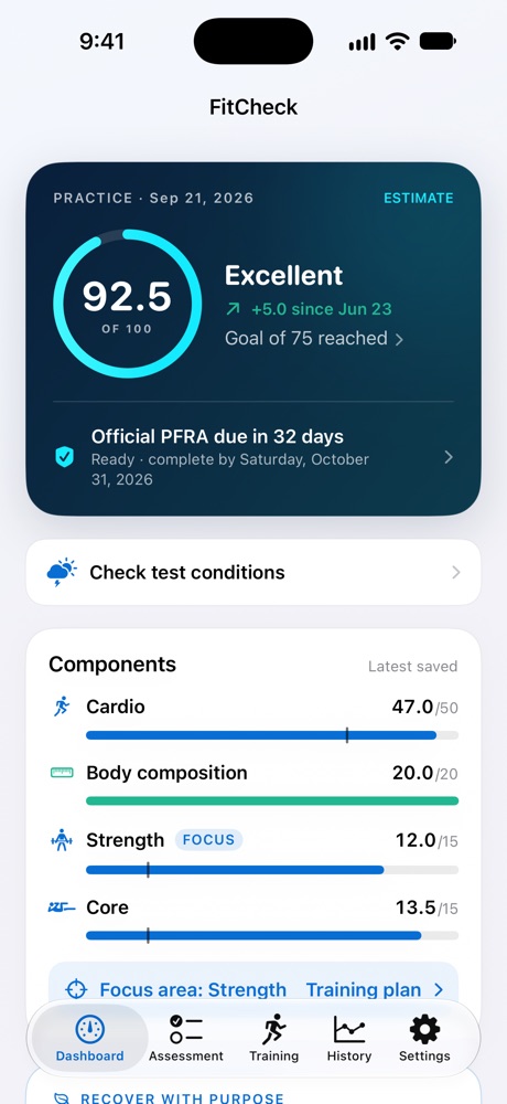 FitCheck dashboard showing a score of 92.5, Excellent